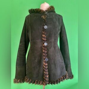 Vintage Blue Duck black brown genuine sheepskin shearling hooded jacket